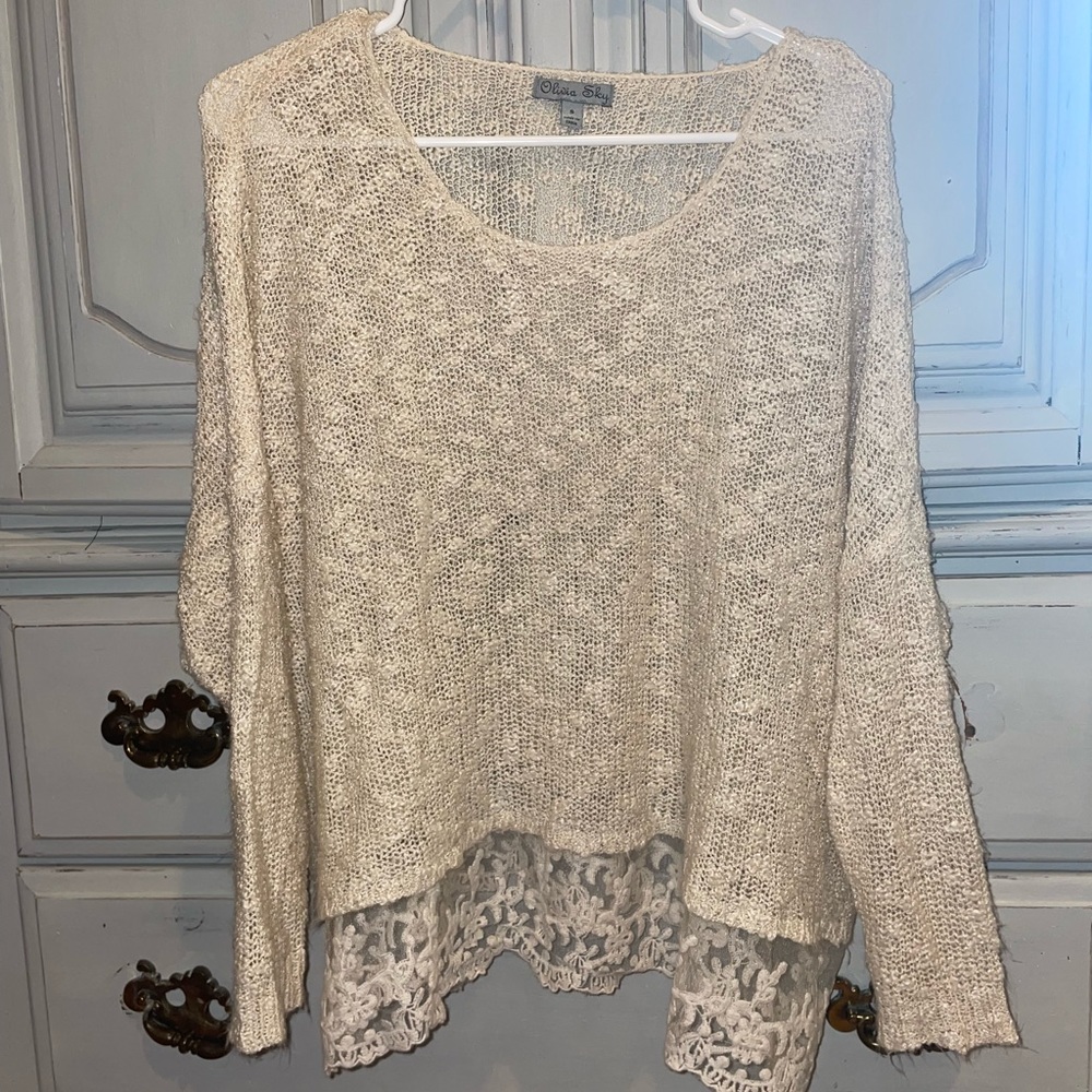 Olivia Sky Cream lace Hem knit sweater
